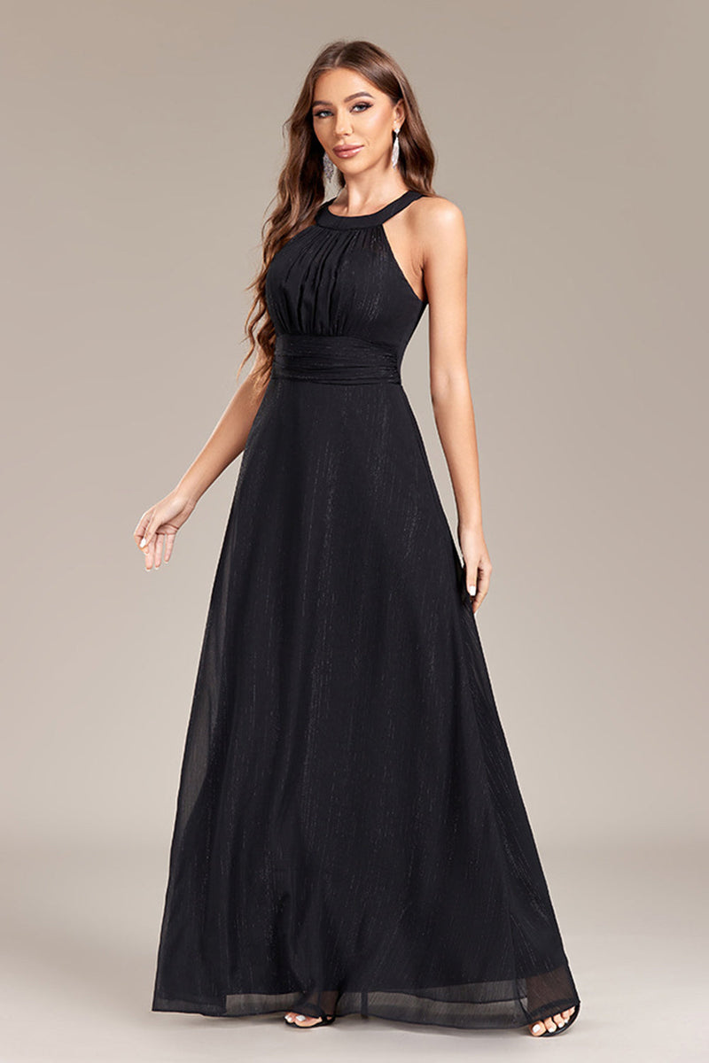 Load image into Gallery viewer, Black A Line Halter Long Formal Dress with Open Back