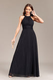 Black A Line Halter Long Formal Dress with Open Back