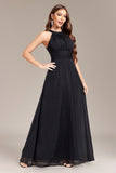 Black A Line Halter Long Formal Dress with Open Back