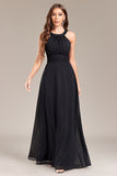 Black A Line Halter Long Formal Dress with Open Back