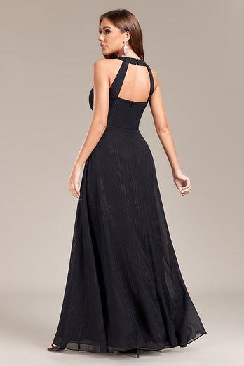 Black A Line Halter Long Formal Dress with Open Back