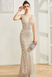 Sparkly Silver Mermaid V Neck Long Formal Dress