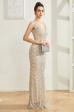 Sparkly Silver Mermaid V Neck Long Formal Dress