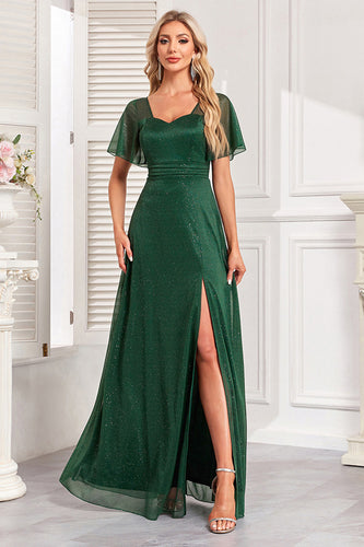 Sparkly Dark Green A Line Long Formal Dress With Slit