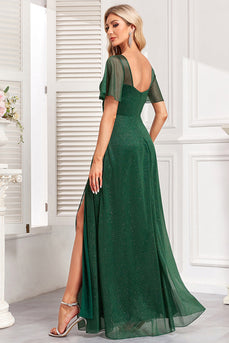 Sparkly Dark Green A Line Long Formal Dress With Slit