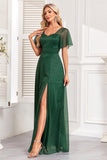 Sparkly Dark Green A Line Long Formal Dress With Slit