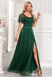 Sparkly Dark Green A Line Long Formal Dress With Slit