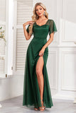 Sparkly Dark Green A Line Long Formal Dress With Slit