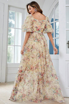 Yellow Flower A Line Print Long Formal Dress with Puff Sleeves