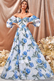 White Blue Flower A Line Long Formal Dress with Ruffled Sleeves