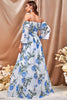 Load image into Gallery viewer, White Blue Flower A Line Long Formal Dress with Ruffled Sleeves