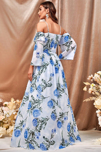 White Blue Flower A Line Long Formal Dress with Ruffled Sleeves