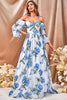 Load image into Gallery viewer, White Blue Flower A Line Long Formal Dress with Ruffled Sleeves