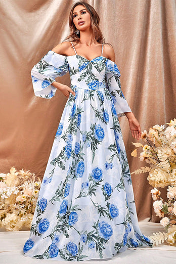 White Blue Flower A Line Long Formal Dress with Ruffled Sleeves