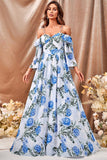 White Blue Flower A Line Long Formal Dress with Ruffled Sleeves