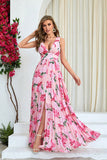 Pink Flower A Line Print Pleated Long Formal Dress with Slit