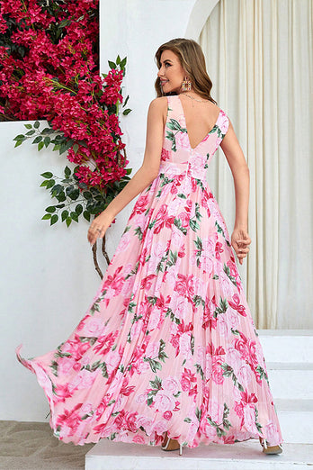 Pink Flower A Line Print Pleated Long Formal Dress with Slit
