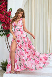 Pink Flower A Line Print Pleated Long Formal Dress with Slit