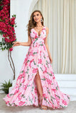 Pink Flower A Line Print Pleated Long Formal Dress with Slit