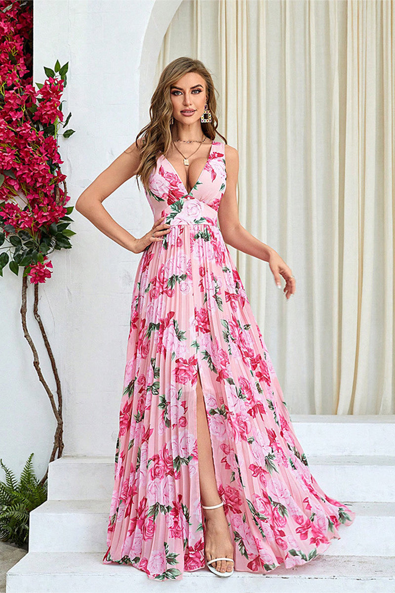 Load image into Gallery viewer, Pink Flower A Line Print Pleated Long Formal Dress with Slit