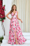 Pink Flower A Line Print Pleated Long Formal Dress with Slit