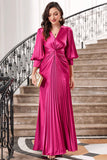 Fuchsia Pleated Long Formal Dress with Lantern Sleeves