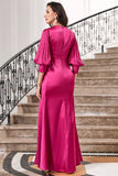 Fuchsia Pleated Long Formal Dress with Lantern Sleeves