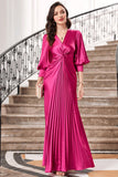 Fuchsia Pleated Long Formal Dress with Lantern Sleeves