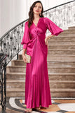 Fuchsia Pleated Long Formal Dress with Lantern Sleeves