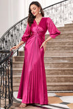 Fuchsia Pleated Long Formal Dress with Lantern Sleeves