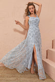 Sliver Grey A Line Floral Embroidery Long Formal Dress with Slit