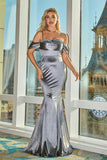 Grey Mermaid Off the Shoulder Long Formal Dress with Sequins