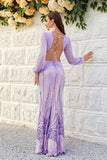 Purple V-Neck Sequined Long Sleeves Formal Dress with Lace-up Back