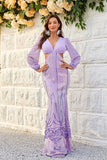 Purple V-Neck Sequined Long Sleeves Formal Dress with Lace-up Back