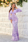 Purple V-Neck Sequined Long Sleeves Formal Dress with Lace-up Back