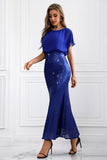 Sparkly Royal Blue Mermaid Formal Dress with Long Batwing Sleeves