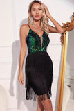 Sparkly Black Green Fringed Short Cocktail Dress with Sequins