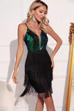 Sparkly Black Green Fringed Short Cocktail Dress with Sequins