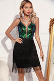 Sparkly Black Green Fringed Short Cocktail Dress with Sequins