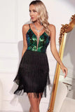 Sparkly Black Green Fringed Short Cocktail Dress with Sequins