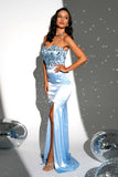 Sparkly Blue Strapless Mermaid Sequined Long Formal Dress with Slit