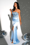 Sparkly Blue Strapless Mermaid Sequined Long Formal Dress with Slit