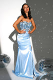 Sparkly Blue Strapless Mermaid Sequined Long Formal Dress with Slit