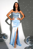 Sparkly Blue Strapless Mermaid Sequined Long Formal Dress with Slit