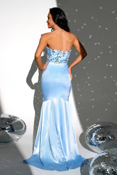 Sparkly Blue Strapless Mermaid Sequined Long Formal Dress with Slit