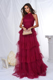 Burgundy A Line Halter Tiered Tulle Long Formal Dress