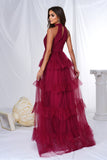 Burgundy A Line Halter Tiered Tulle Long Formal Dress