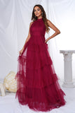 Burgundy A Line Halter Tiered Tulle Long Formal Dress