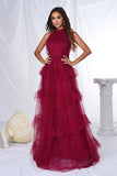 Burgundy A Line Halter Tiered Tulle Long Formal Dress