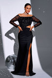 Black Mermaid Off the Shoulder Long Sleeves Formal Dress with Slit